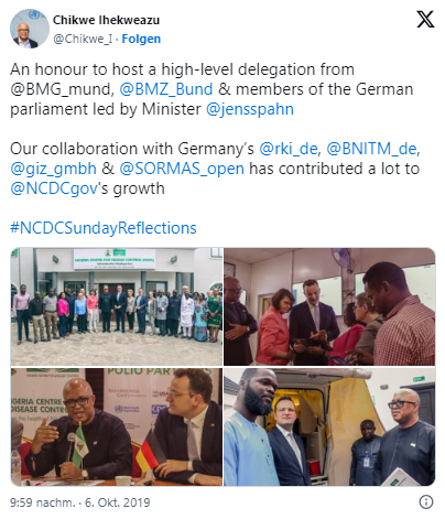 Dr. Chikiwe Ihekweazu, Leiter des nigerianischen Zentrums für Seuchenbekämpfung, twittert über den Besuch von Jens Spahn